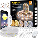 White LED Strip Lights, 100ft Dimmable Bright 24V Led Tape Light with Remote and App Control, 2700K-6500K White LEDs Lights for Bedroom, Kitchen, Ceiling