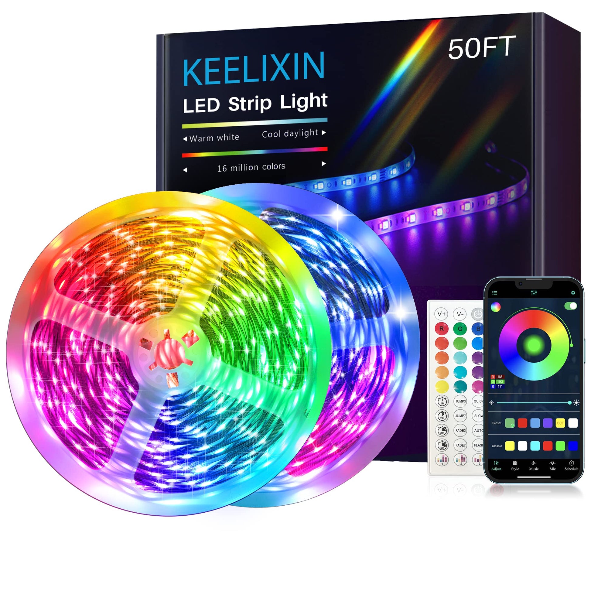 KEELIXIN LED Lights Music Sync RGB LED Strip Lights with APP &amp;amp; Remote Control (50ft-2rolls)