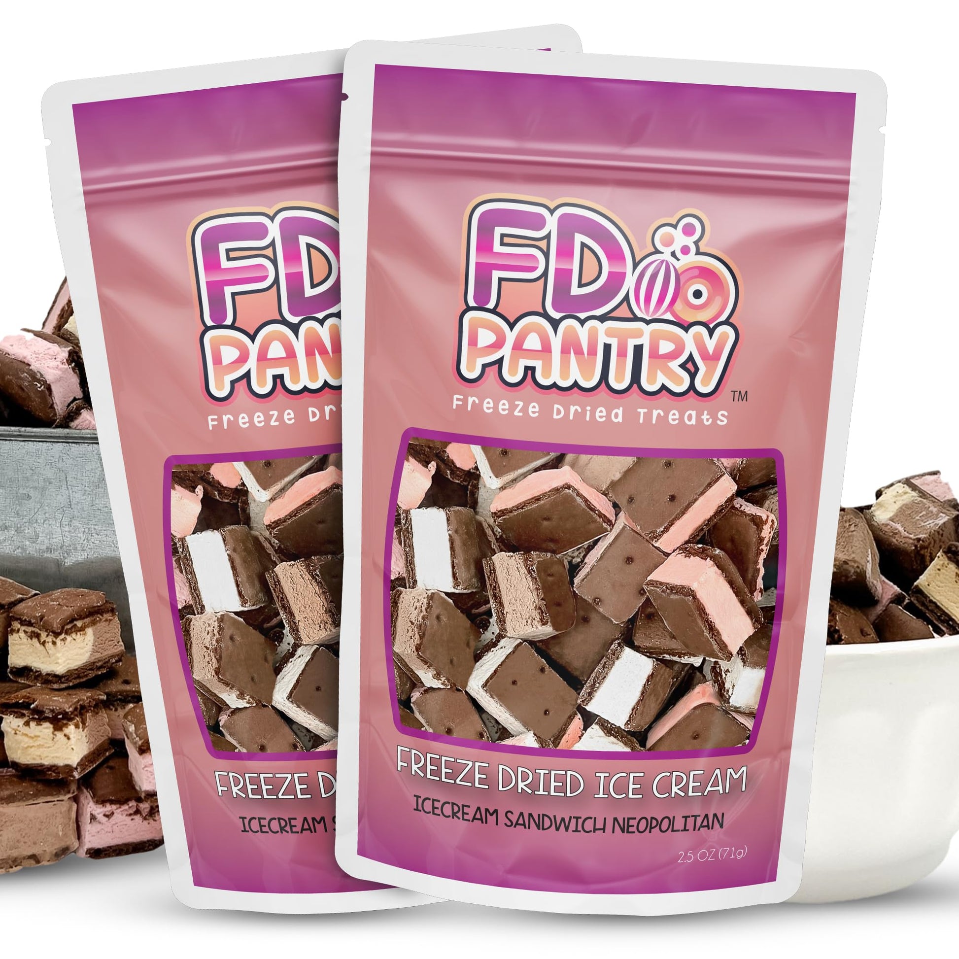 Freeze Dried Icecream Neapolitan Candy 2 Pack 2.5oz - Crunchy &amp;amp; Sweet Strawberry, Chocolate and Vanilla Icecream, Dehydrated Freeze Dried Dessert - 2 Resealable Freeze Dried Ice Cream Gift Bags