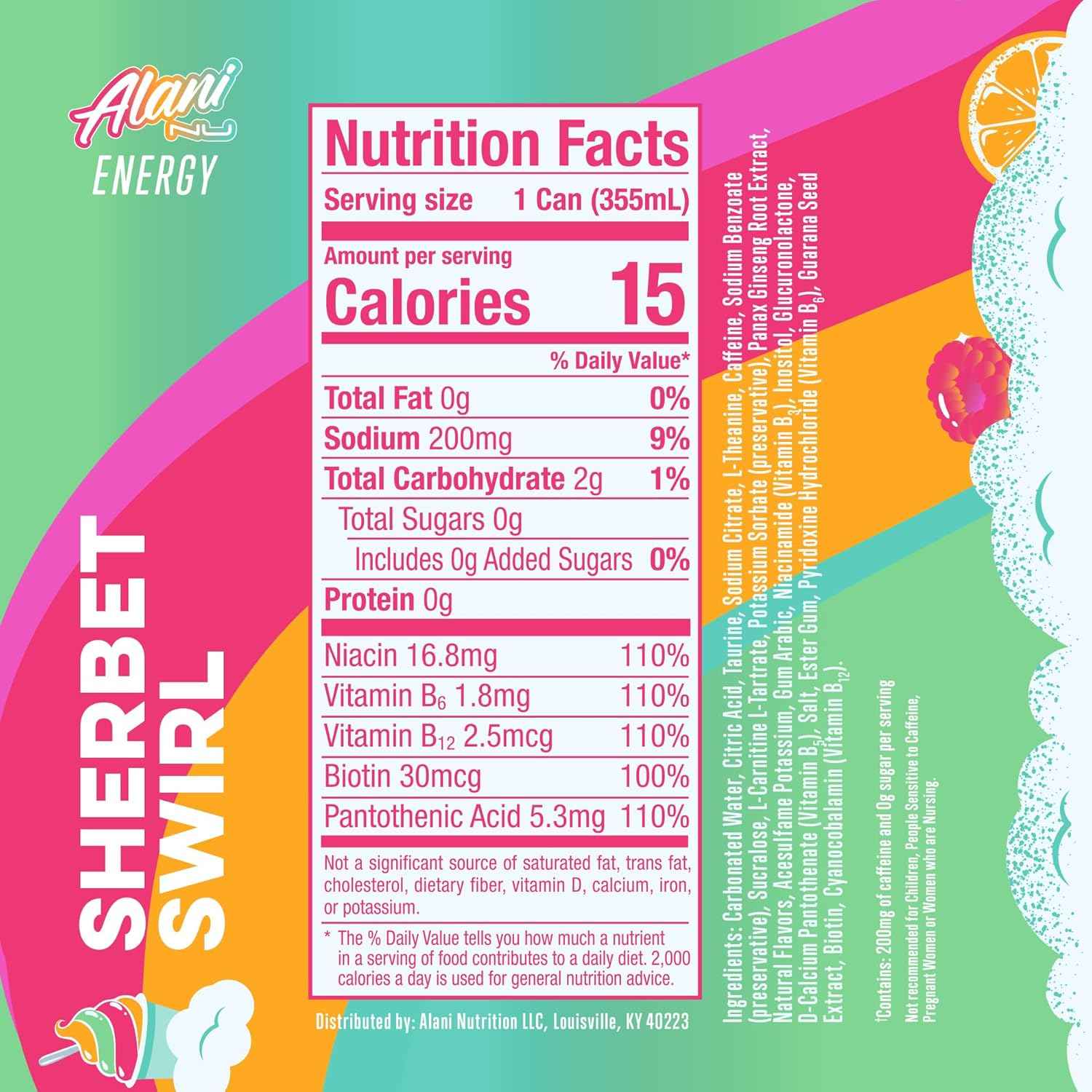 Alani Nu SHERBET SWIRL Sugar Free, Low Calorie Energy Drinks, 200mg Caffeine, Biotin B Vitamins, Zero Sugar, 10 Calories, 12 Fl Oz Cans, 24 Pack