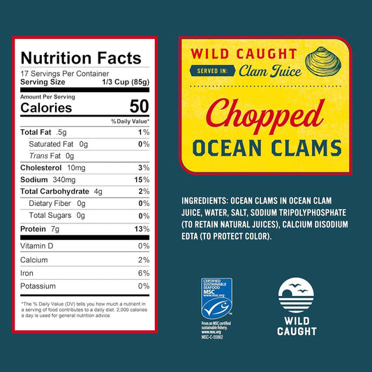 Snow's Ocean Chopped Clams Canned, Can - 7g Protein per Serving - Gluten Free, No MSG, 99% Fat Free - Great for Pasta & Seafood Recipes