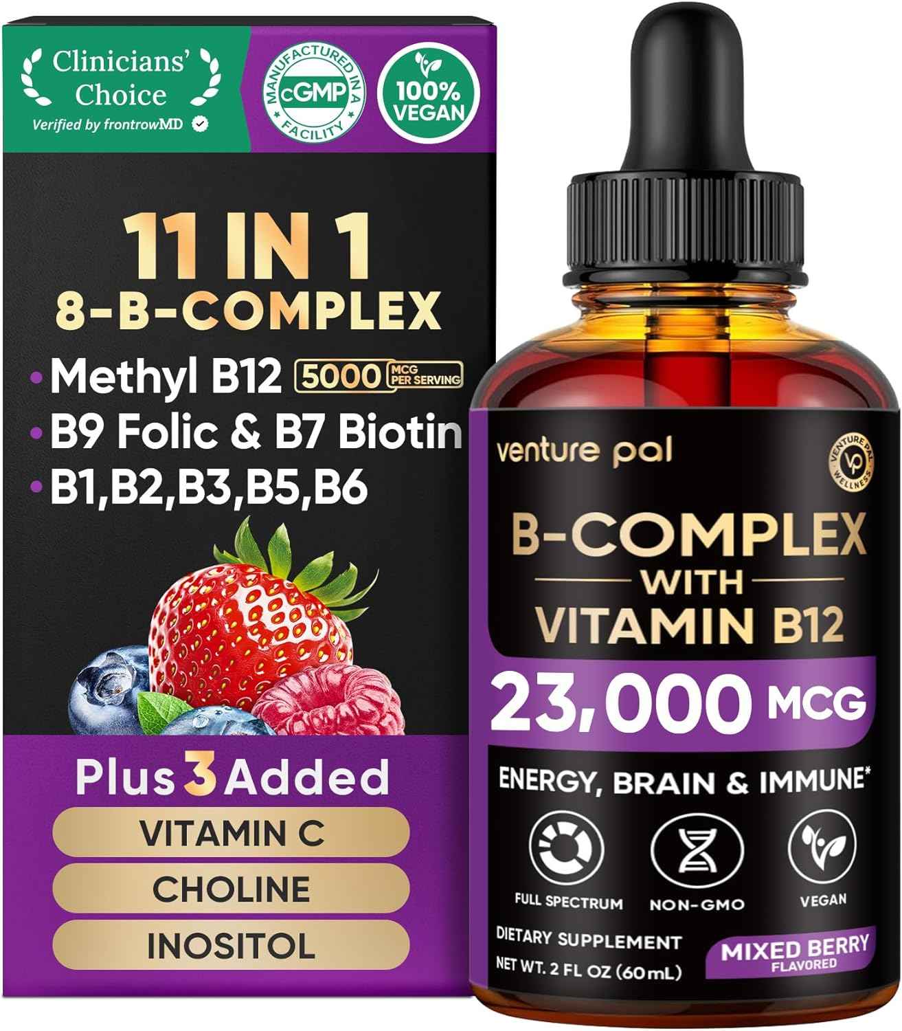 Venture Pal Vitamin B Complex Liquid Drops, B12 Methylcobalamin | B9 Folic | B1,B2,B3,B5,B6,B16 - Vitamin C, Choline, Inositol, Immune & Energy Metabolism, Brain & Heart Support