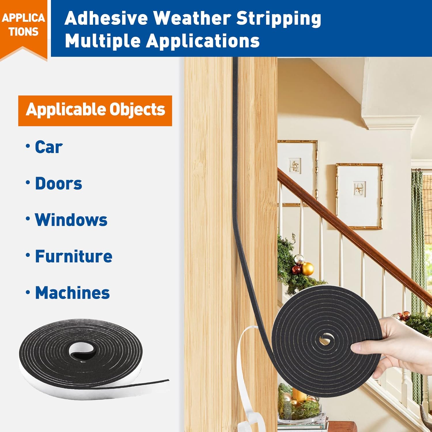MAGZO_Weather_Stripping_Door_Seal,_1/2_Inch_Wide_X_1/8_Inch_Thick_Adhesive_Foam_Tape_Soundproof_Weatherstripping_for_Windows,_3_Rolls_Total_50FT_Black