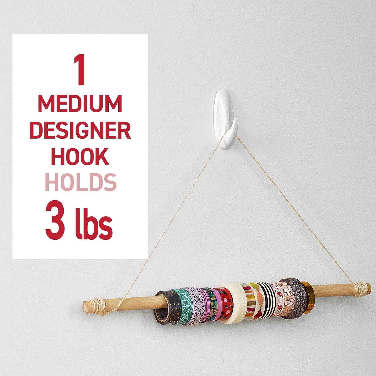 Command Medium Designer Hooks, Damage-Free Hanging Wall Hook with Adhesive Strips, No Tools Great for Hanging, Organization and Storage, Holds up to 3 lb