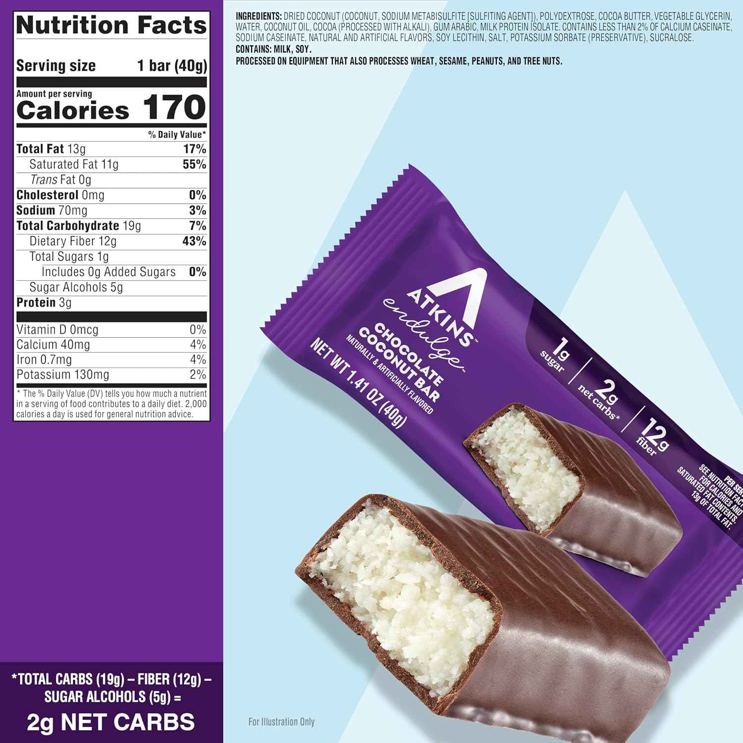Atkins Endulge Chocolate Coconut Flavored Snack Bar, 1g Sugar, 12g Fiber, Low Sugar Snack, High Fiber Bars, Keto Friendly Treat