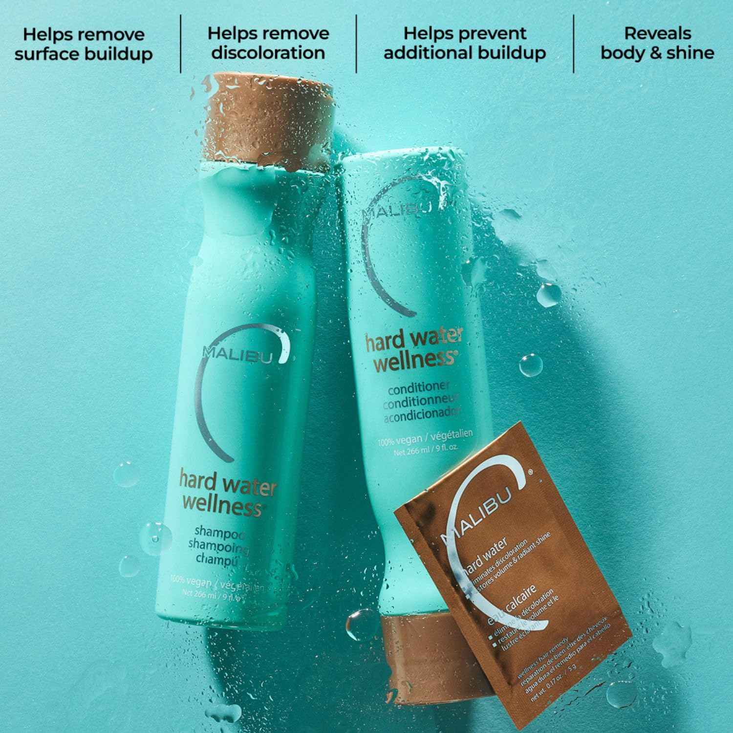 Malibu C Hard Water Wellness Remedy - Hard Water Shampoo, Conditioner & Hair Mask Packets for Removing Deposits and Impurities - Hydrating Hair Care Set (6 Ct)