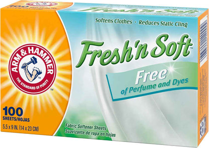 Arm & Hammer Fabric Softener Sheets, Free of Perfumes and Dyes, 100 ct