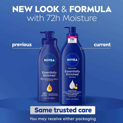 NIVEA Essentially Enriched Body Lotion for Very Dry Skin with Hyaluronic Acid, Almond Oil and Deep Nourishing Serum, 72-Hour Body Moisturizer, 16.9 Fl Oz Pump Bottle