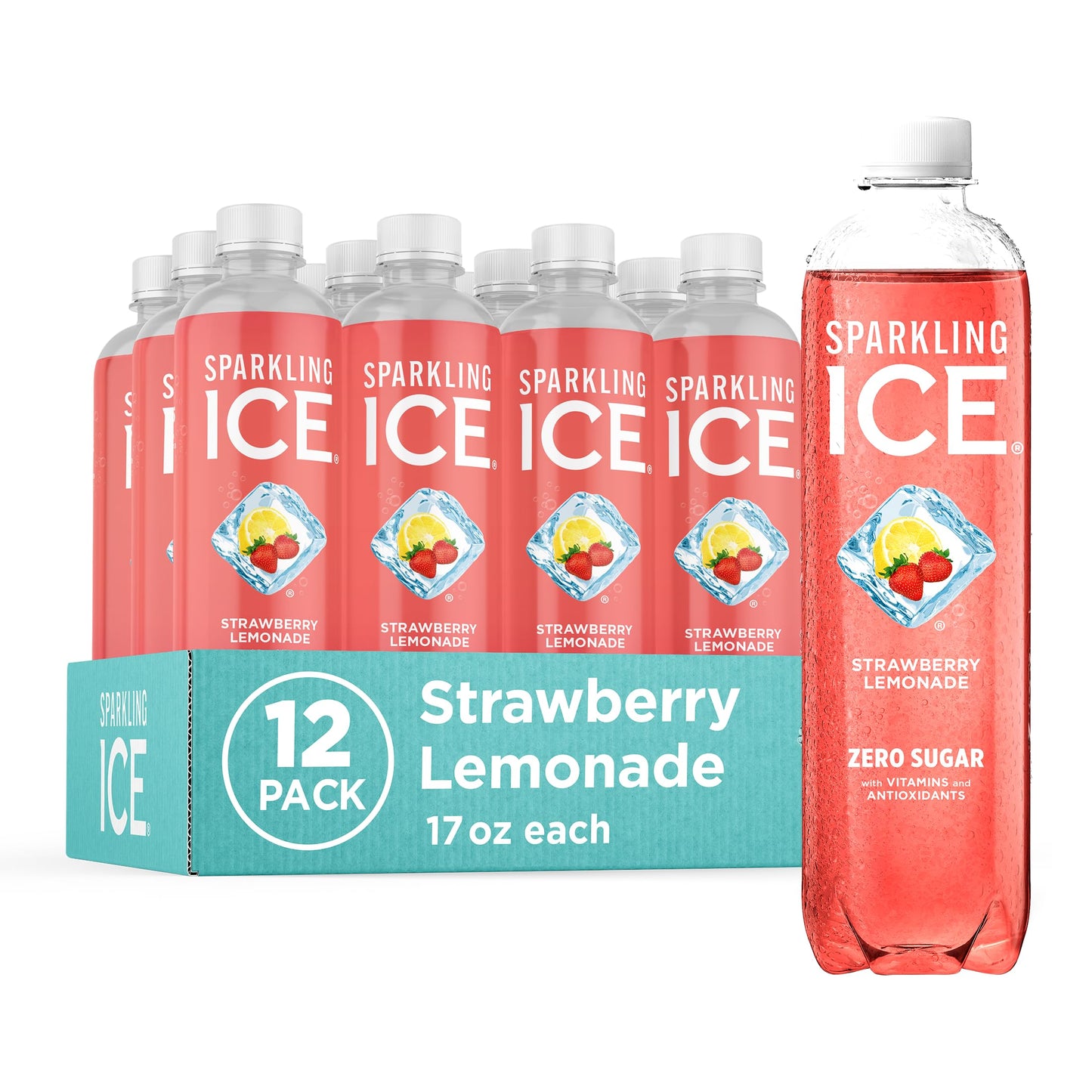 Sparkling Ice, Strawberry Lemonade Sparkling Water, Zero Sugar Flavored Water, with Vitamins and Antioxidants, Low Calorie Beverage, 17 fl oz Bottles (Pack of 12)