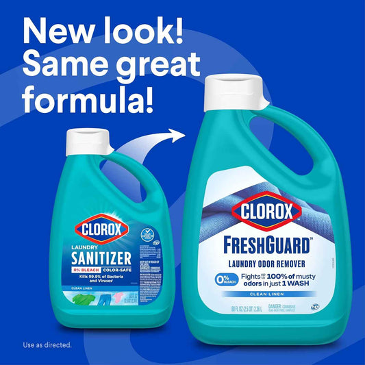 Clorox FreshGuard Laundry Odor Remover, 0% Bleach, Clean Linen, 80 Fl Oz., Pack of 2 (Pack May Vary)
