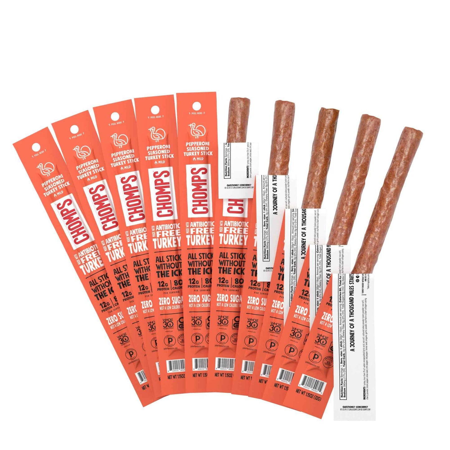 Chomps Jerky Meat Snack Sticks 10-Pack - Keto, Paleo, Low Carb, Whole30 Approved, 12g Lean Meat Protein, Gluten Free, Antibiotic Free, Zero Sugar Food