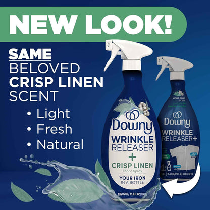 Downy Wrinkle Releaser Spray, All In One Formula, Removes Wrinkles, Static and Odor Eliminator, Crisp Linen Scent, 33.8 Fl Oz