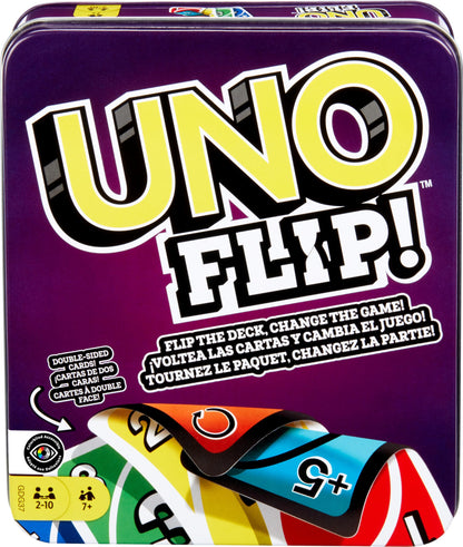 Mattel Games UNO FLIP! Card Game in Storage &amp;amp; Travel Tin, Color Blind Accessible Deck for Kids, Adults &amp;amp; Family Nights &amp;amp; Parties (Amazon Exclusive)