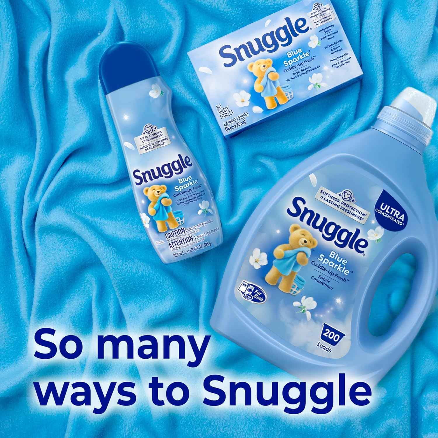 Snuggle Fabric Softener Liquid, Ultra Concentrated, 80 Oz, 200 Medium Loads, Blue Sparkle Fabric Conditioner, Long-Lasting Fresh Scent, Softens, Reduces Static & Fights Wrinkles, Helps Protect Color
