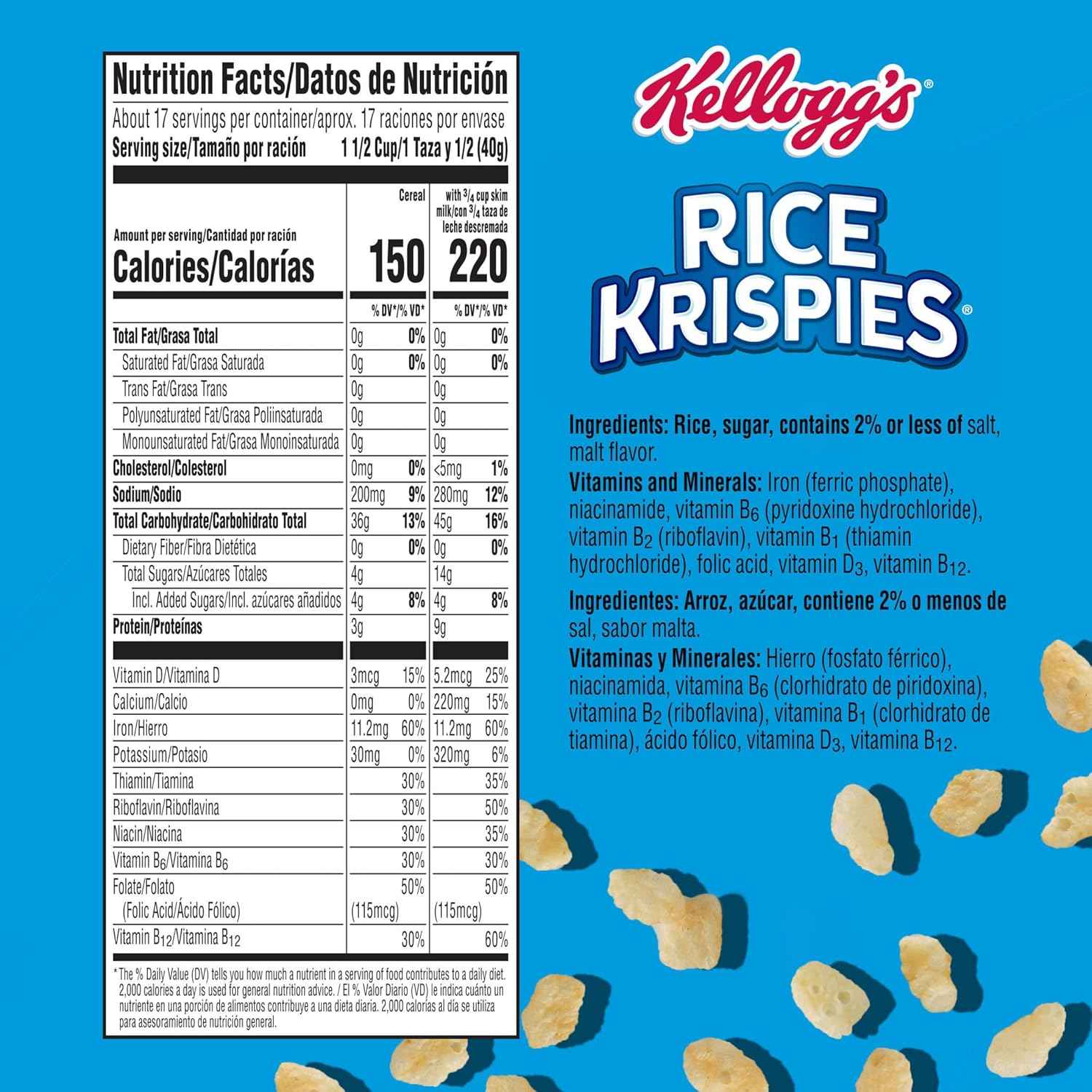 Kellogg's Rice Krispies Cold Breakfast Cereal, 8 Vitamins and Minerals, Rice Krispies Treats, Giant Size, Original
