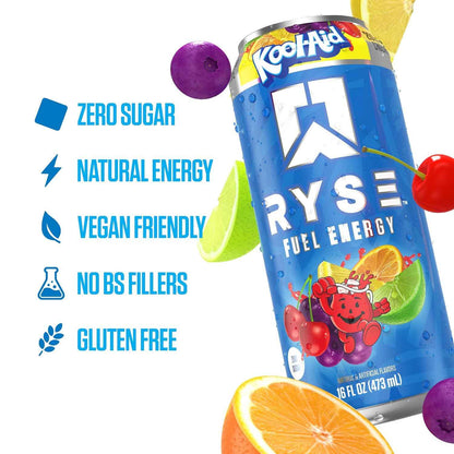 RYSE Fuel Energy Drink - Sugar Free, Gluten Free & Vegan - 200mg Natural Caffeine, Taurine & Choline for Focus & Energy - No Artificial Colors