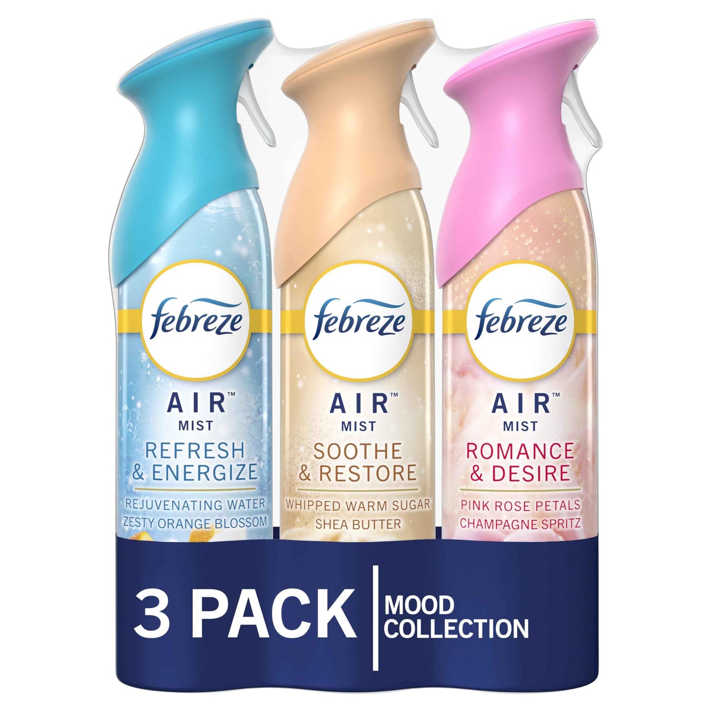 Febreze Air Mist, Air Freshener, Odor Fighting Room Spray, Deodorizer for Home Bathroom Kitchen Office Apartment, Soothe & Restore, Refresh & Energize, Romance & Desire Variety Pack