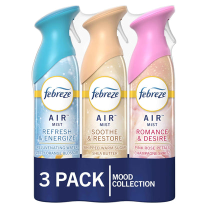 Febreze Air Mist, Air Freshener, Odor Fighting Room Spray, Deodorizer for Home Bathroom Kitchen Office Apartment, Soothe & Restore, Refresh & Energize, Romance & Desire Variety Pack