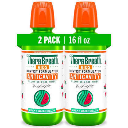 TheraBreath Kids Mouthwash with Fluoride, Organic Wacky Watermelon, Anticavity, 16 fl oz (2 Pack)