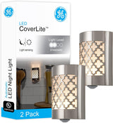 GE CoverLite LED Night Light, Plug-in, Dusk to Dawn Sensor, Home Decor, LED Lights for Bedroom, Bathroom, Kitchen, Hallway, 2 Pack, 46815, Brushed Nickel | Moroccan