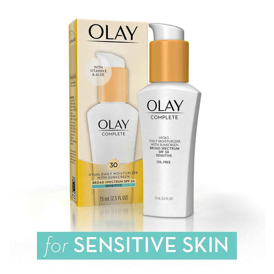 Olay Face Moisturizer, Complete with Sunscreen SPF 30, Fragrance-Free for Sensistive Skin, Broad Spectrum Sun Protection, Long-Lasting Hydration, Non-Comedogenic - Vitamin E & Aloe