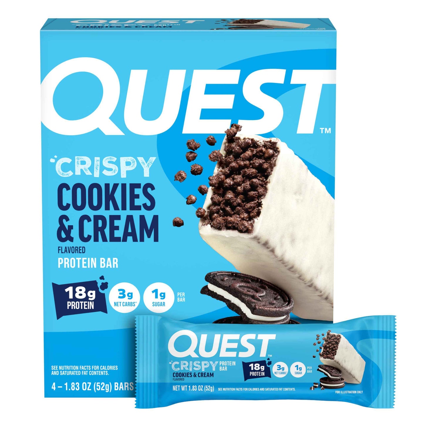 Quest Nutrition Crispy Cookies & Cream Hero Protein Bar, 18g Protein, 1g Sugar, 3g Net Carb, Gluten Free, Protein Snack, Keto Friendly, 12 Count