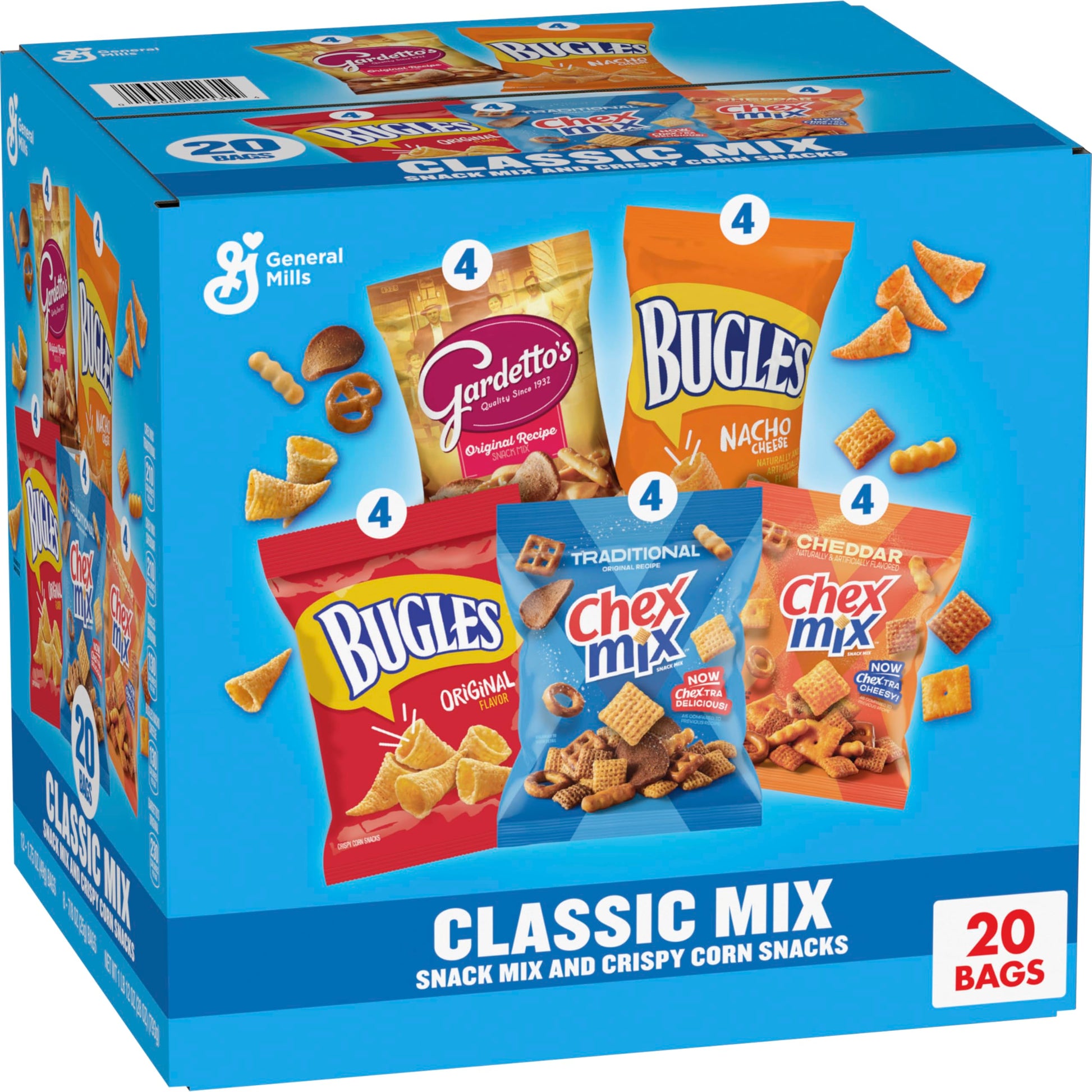 Classic Mix Snack Variety Pack, Bugles Original and Nacho Cheese, Gardetto&amp;#39;s Original Recipe, Chex Mix Traditional and Cheddar, 20 Ct, 28 oz