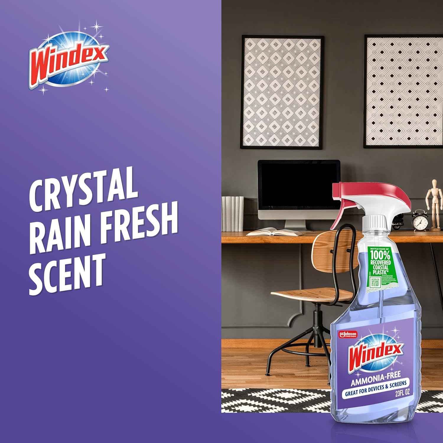Windex Glass and Window Cleaner Spray Bottle, Ammonia Free, Packaging Designed to Prevent Leakage and Breaking, Surface Cleaning Spray, Crystal Rain Scent