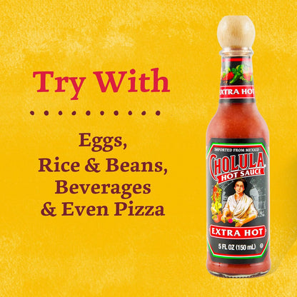 Cholula_Hot_Sauce,_Extra_Hot,_Product_of_Mexico,_Blend_of_Arbol_&_Piquin_Peppers_for_Bringing_Extra_Hot_Heat_to_Tacos,_Eggs,_Pizza_and_More,_5_fl_oz