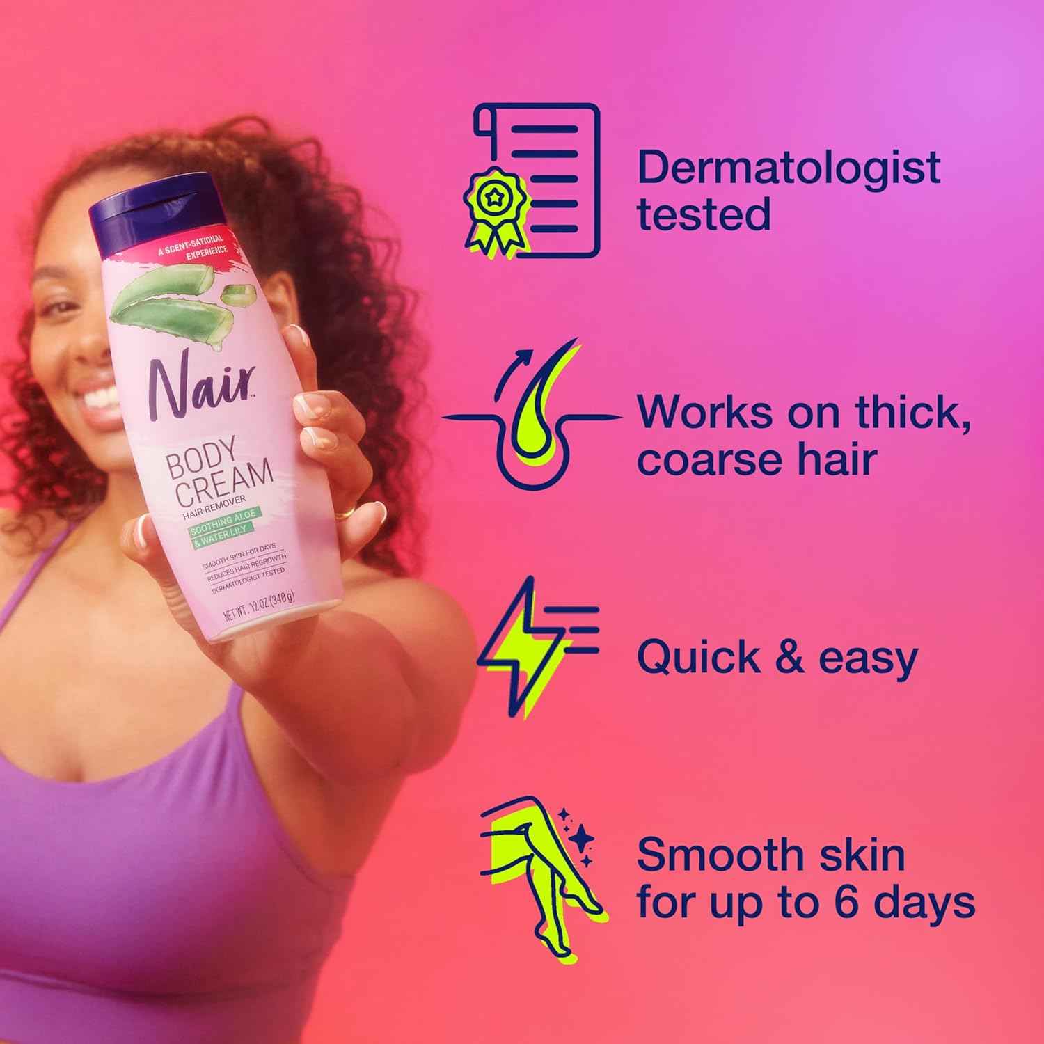 Nair Body Cream Hair Remover, Soothing Aloe and Water Lily, Dermatologist Tested Body Hair Removal Cream, with Evolved Ingredients