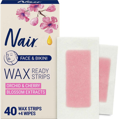 Nair Hair Remover Wax Ready Strips, Face and Bikini Hair Removal Wax Strips, Orchid and Cherry Blossom Extracts, Dermatologist Tested