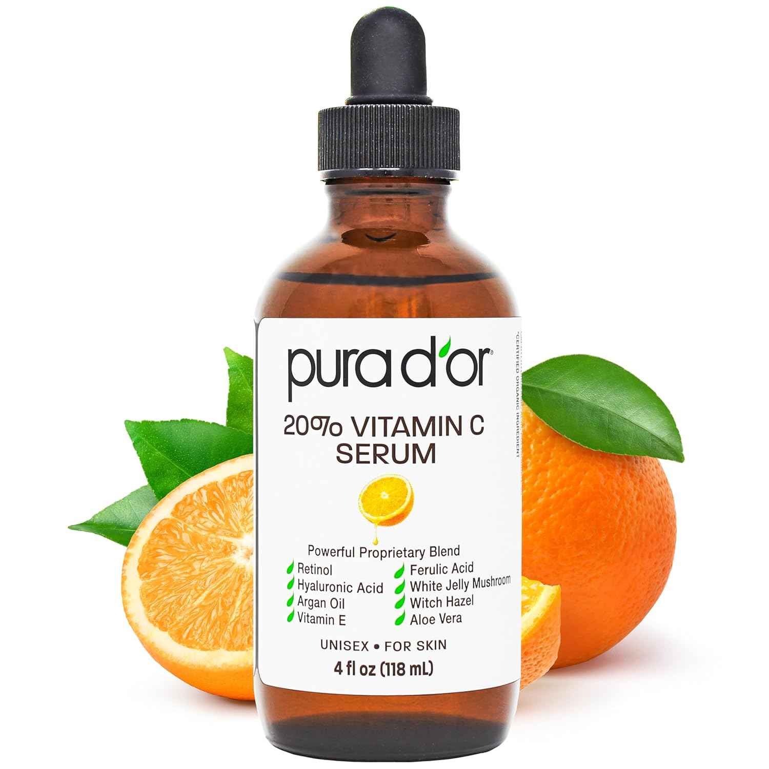 PURA D'OR 20% Vitamin C Facial Serum 4 Oz Antioxidant Blend w/Retinol, Hyaluronic Acid, Vitamin E, Ferulic Acid - Hydrating Lightweight Skincare Formula - Men Women Daily Use After Bath Oil Skin Care