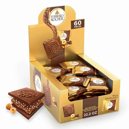 Ferrero Rocher Premium Milk Hazelnut chocolate squares, Individually Wrapped Chocolates, Great for Sharing or Gifting, 60 Pack, 3.7 oz Each