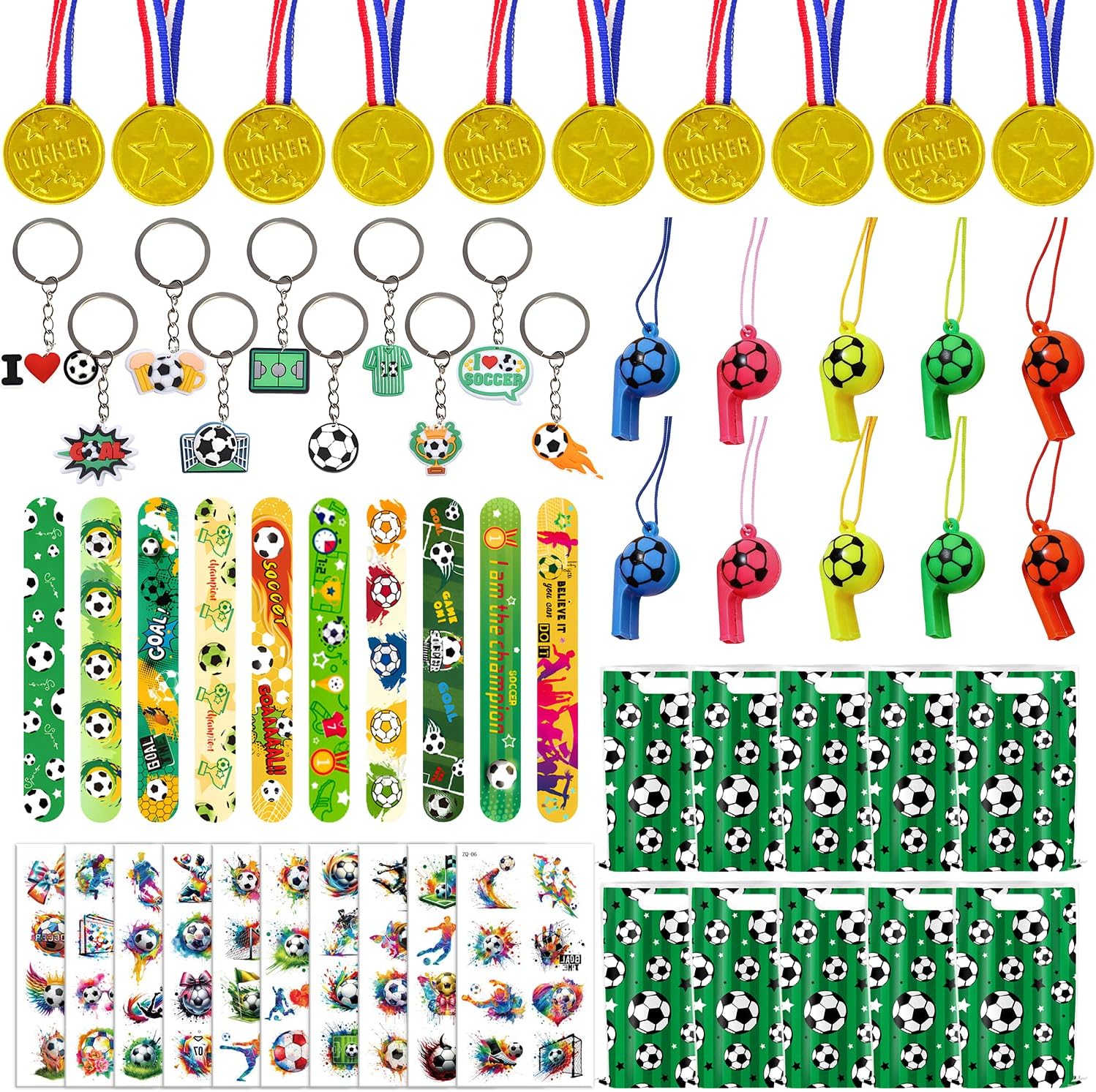 60PCS_Soccer_Party_Favors,_Soccer_Goodie_Bag_Stuffers_with_10_x_6.5_Inch_Bags_Keychain_Medal_Tattoo_Sticker_Slap_Bracelets_Whistles,_for_Kids_Soccer_Birthday_Party_Decorations_Supplies_Souvenirs