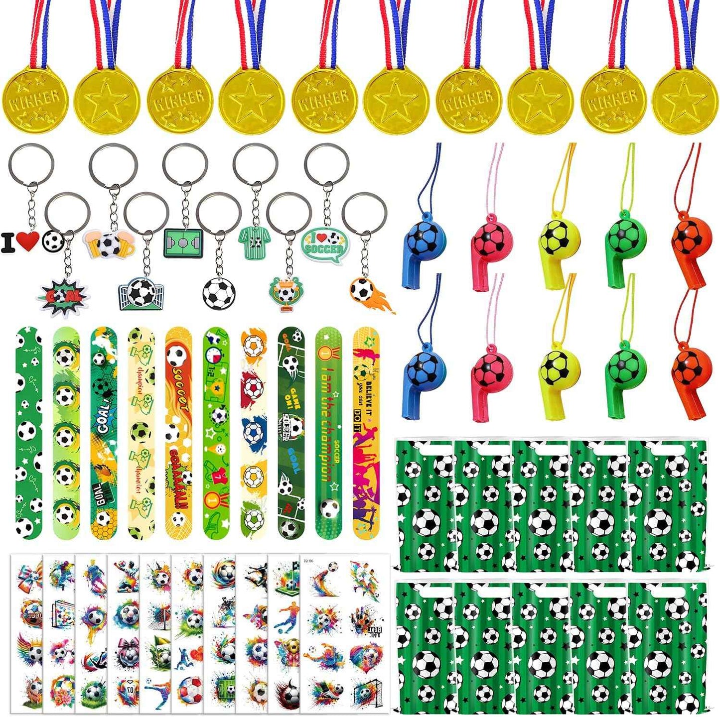 60PCS Soccer Party Favors, Soccer Goodie Bag Stuffers with 10 x 6.5 Inch Bags Keychain Medal Tattoo Sticker Slap Bracelets Whistles, for Kids Soccer Birthday Party Decorations Supplies Souvenirs