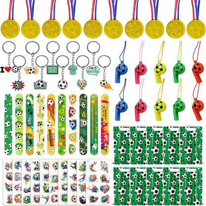 60PCS Soccer Party Favors, Soccer Goodie Bag Stuffers with 10 x 6.5 Inch Bags Keychain Medal Tattoo Sticker Slap Bracelets Whistles, for Kids Soccer Birthday Party Decorations Supplies Souvenirs