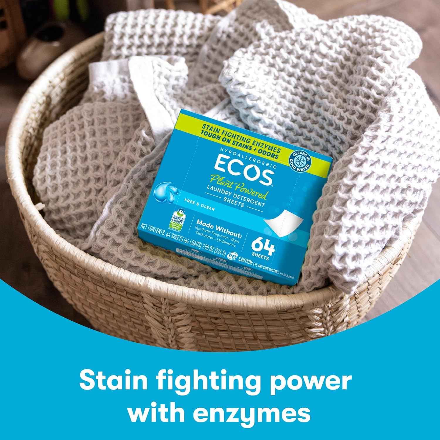 ECOS Laundry Detergent Sheets Vegan, No Plastic Jug, No Mess & Liquid Free - Hypoallergenic, Plant Powered Laundry Detergent Sheet - Free and Clear