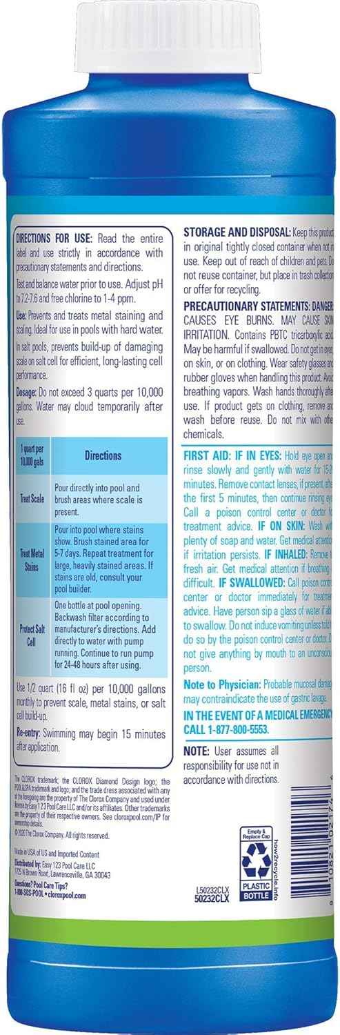 Clorox® Pool&Spa™ Swimming Pool Scale, Metal & Stain Control, Prevents Metal Stains and Scale Formation, Removes Metal Stains, 1 Quart (Pack of 1)