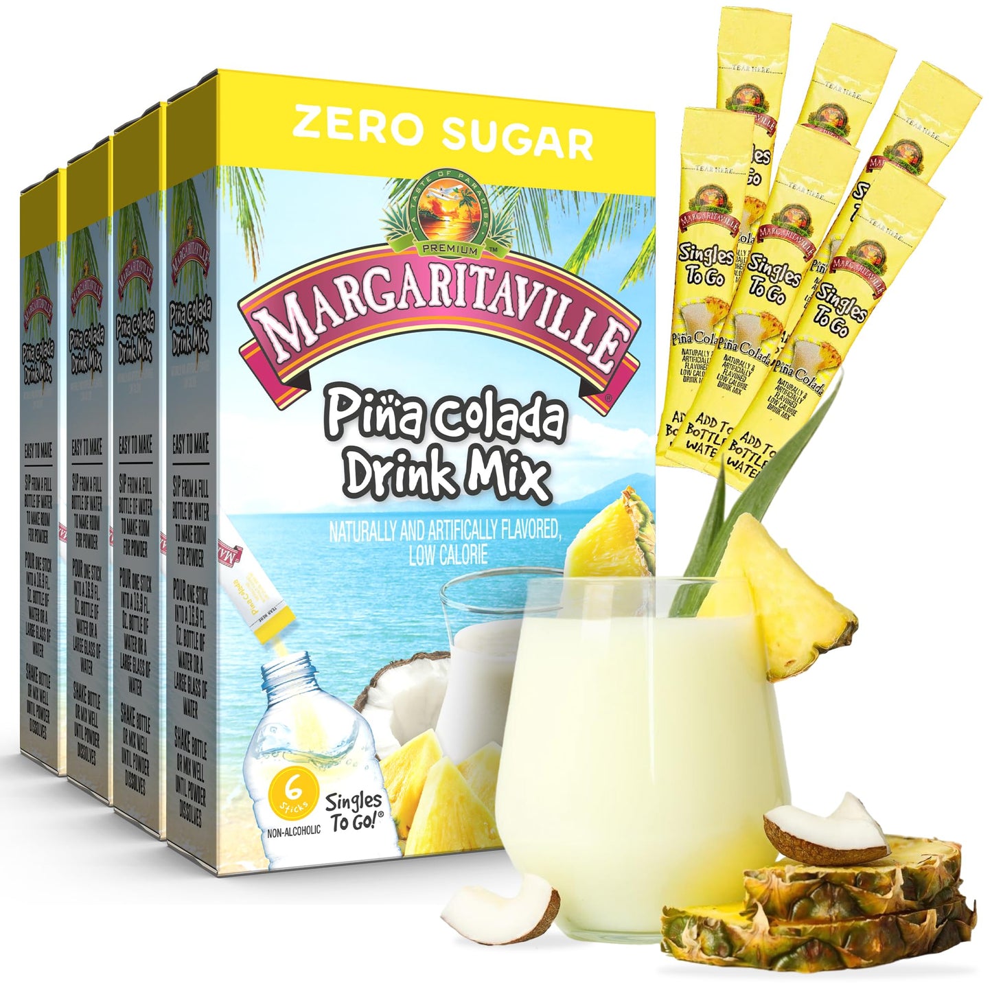 Margaritaville Singles To Go Water Drink Mix - Pina Colada Flavored, Non-Alcoholic Powder Sticks 6 CT, 0.70 Ounce (Pack of 4)