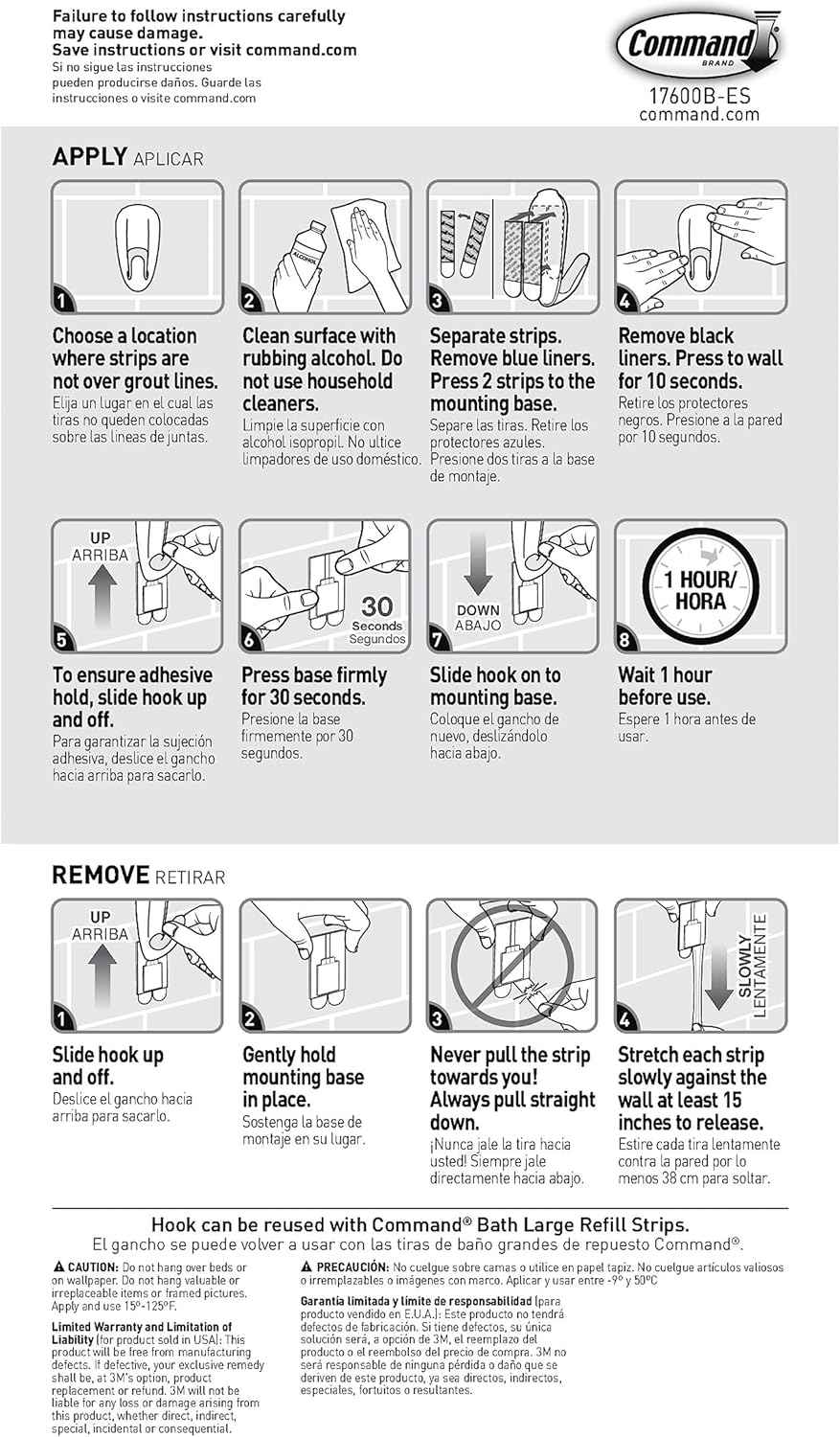 Command Bathroom Hook with Water-Resistant Strips, 1-Hook, 2-Strips, Organize Damage-Free