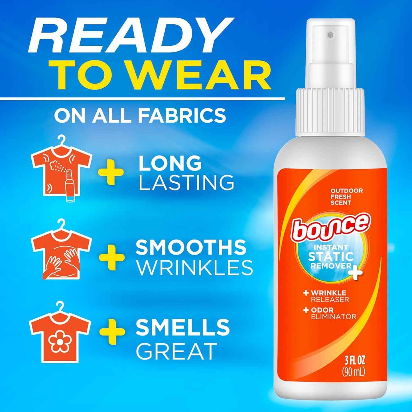 Bounce Anti Static Spray, 3 in 1 Instant Anti Static Spray & Instant Wrinkle Release, Odor Eliminator & Fabric Refresher, Travel Size (3 Oz,Pack of 3)