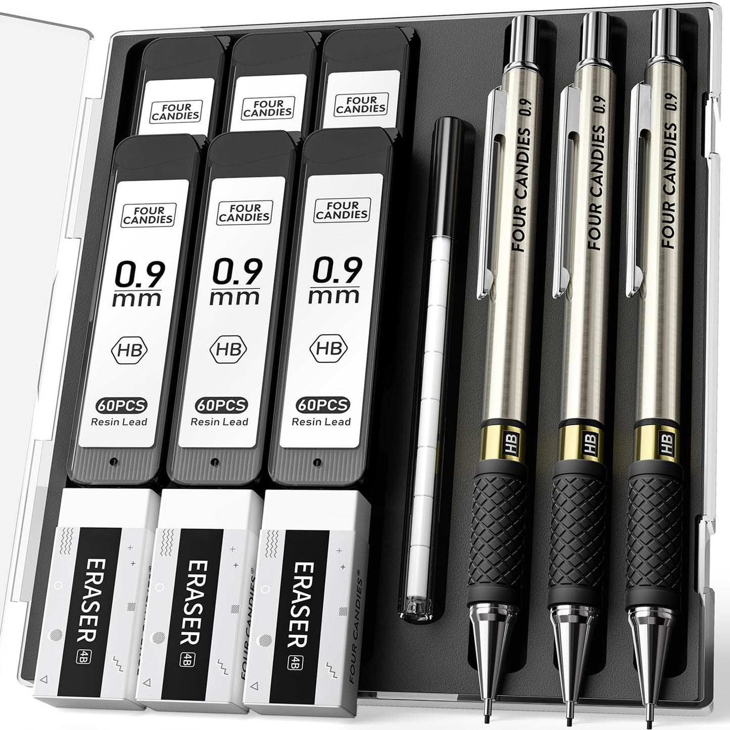 3PCS Metal Mechanical Pencil Set with 0.9mm Bold Point, 360 Leads, 12 Erasers, Art Mechanical Pencils Pack with Storage Case for School Writing, Sketching, Drawing &amp;amp; Professional Drafting