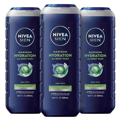 NIVEA MEN Maximum Hydration Body Wash for Dry Skin, Aloe Vera Enriched, 3-in-1 Moisturizing Body Wash, Face and Hair, Paraben Free, Vegan Formula