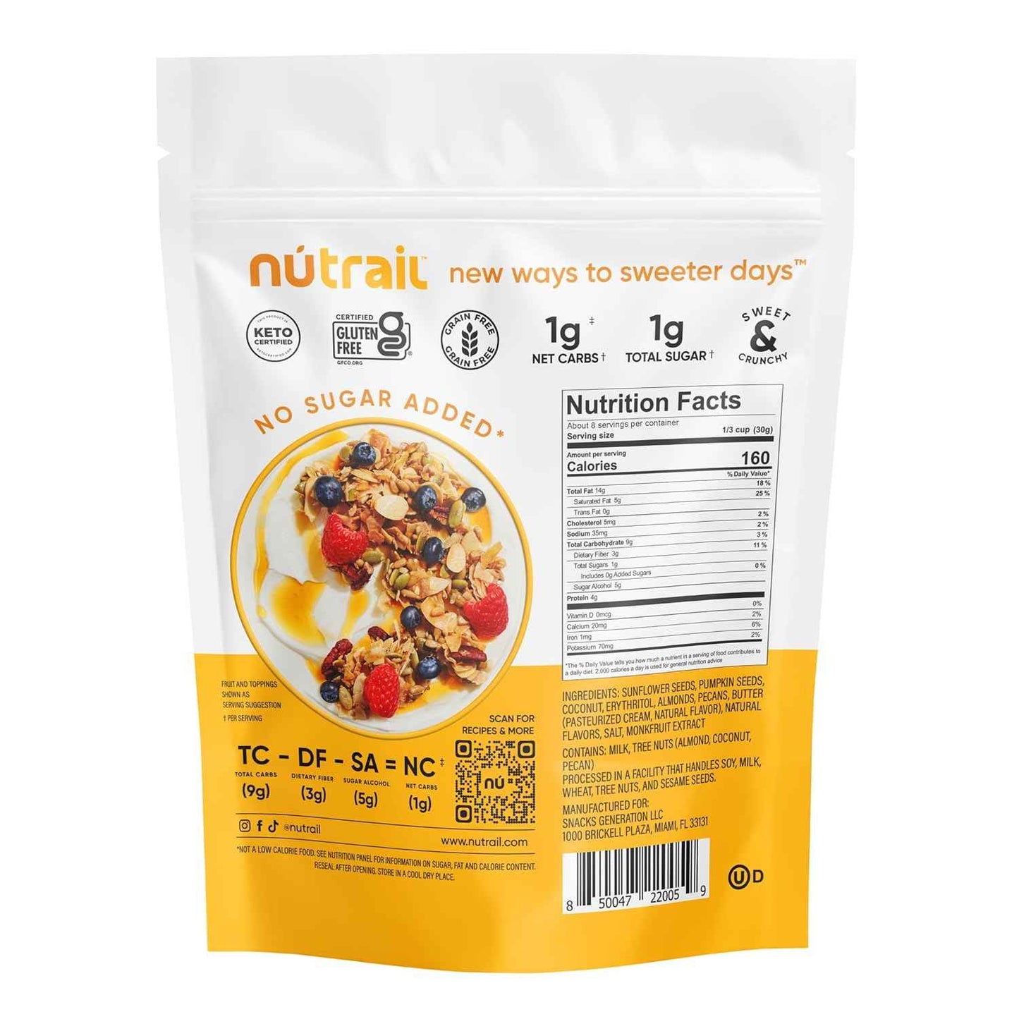 NuTrail Nut Granola Cereal, Honey Nut, No Sugar Added, Keto, Low Carb, Gluten Free, Grain Free, Healthy Breakfast 8 oz.
