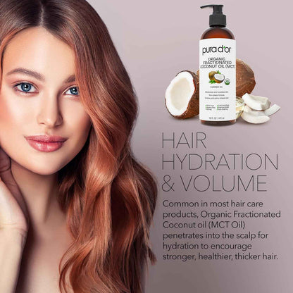 PURA D'OR ORGANIC Fractionated Oil – USDA Certified – MCT Oil – Therapeutic, Hydrating, Lightweight Moisturizer – Hexane Free Carrier Oil For Essential Oils & Massage – Face, Hair & Body