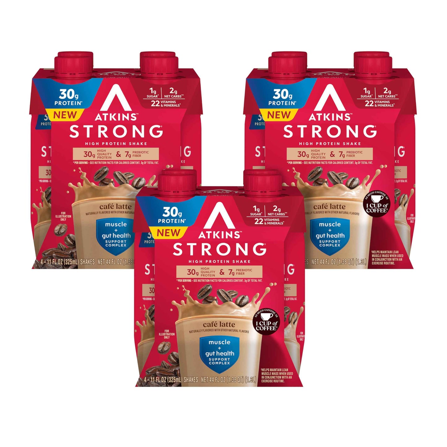 Atkins Strong High Protein Shake, 30g Protein, 7g Prebiotic Fiber, 1g Sugar, GLP-1 Support, Muscle & Gut Health Support Complex