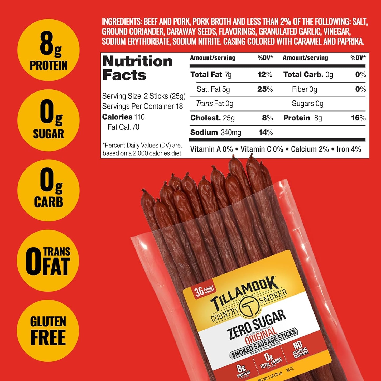 Tillamook_Country_Smoker_Smoked_Sausage,_Zero_Sugar,_Original,_16_Ounce_(36_Count_Meat_Sticks_Bulk_Pack)_Real_Hardwood_Smoked_Sausages,_Low_Carb,_High_Protein_Ready_to_Eat_Keto_Snack
