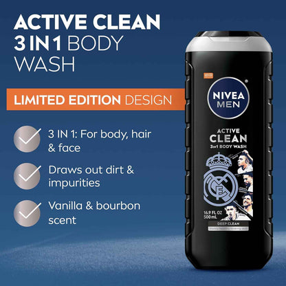 NIVEA MEN Real Madrid Limited Edition Design Active Clean Body Wash with Natural Charcoal for Normal to Oily Skin, 3-in-1 Charcoal Body Wash, Face and Hair
