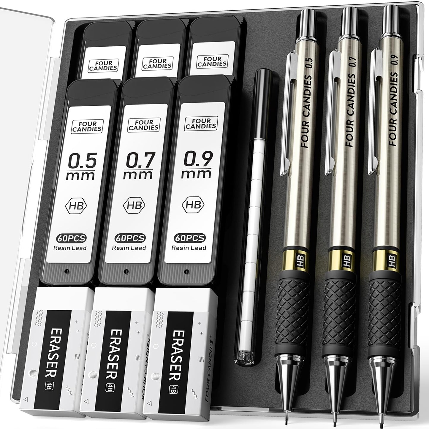 3PCS Metal Mechanical Pencil Set - 0.5 &amp;amp; 0.7 &amp;amp; 0.9mm with 360 Leads, 12 Erasers, Art Mechanical Pencils Pack with Storage Case for School Writing, Sketching, Drawing &amp;amp; Professional Drafting