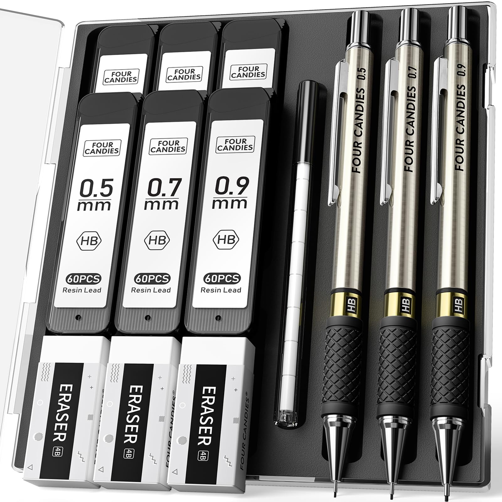 3PCS Metal Mechanical Pencil Set - 0.5 &amp;amp; 0.7 &amp;amp; 0.9mm with 360 Leads, 12 Erasers, Art Mechanical Pencils Pack with Storage Case for School Writing, Sketching, Drawing &amp;amp; Professional Drafting